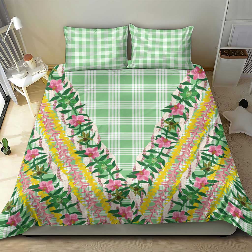 Hawaii Pikake Lokelani Plumeria Lei Bedding Set Green Palaka Motifs