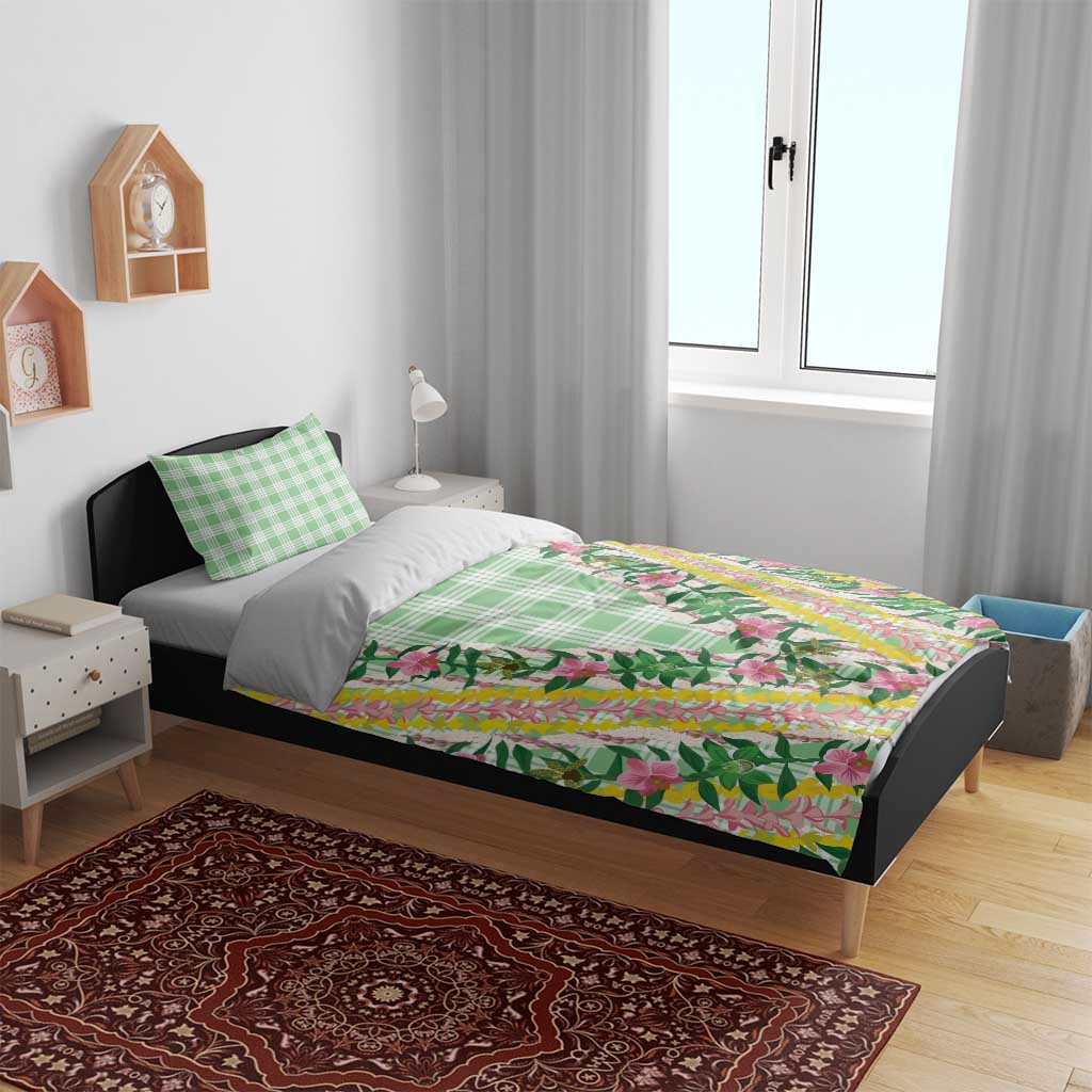 Hawaii Pikake Lokelani Plumeria Lei Bedding Set Green Palaka Motifs