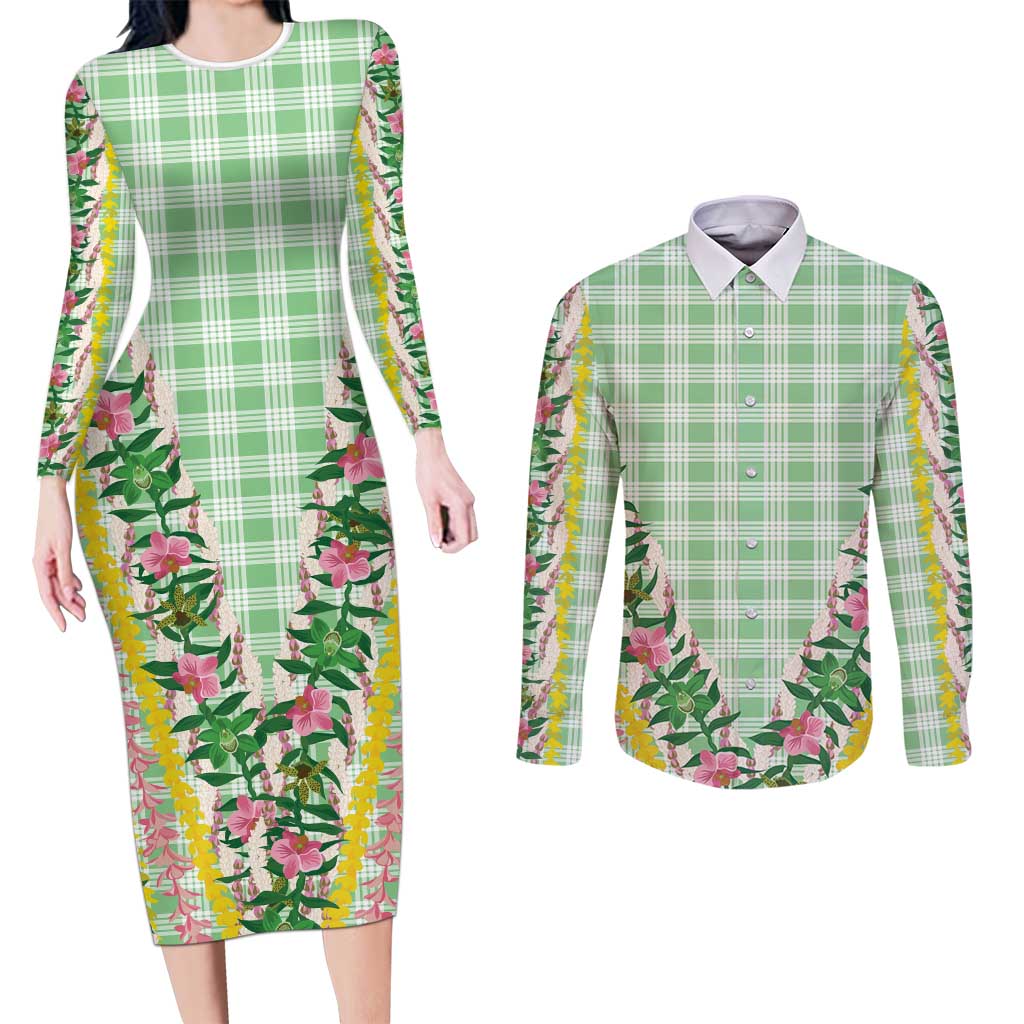 Hawaii Pikake Lokelani Plumeria Lei Couples Matching Long Sleeve Bodycon Dress and Long Sleeve Button Shirt Green Palaka Motifs LT05 Green - Polynesian Pride