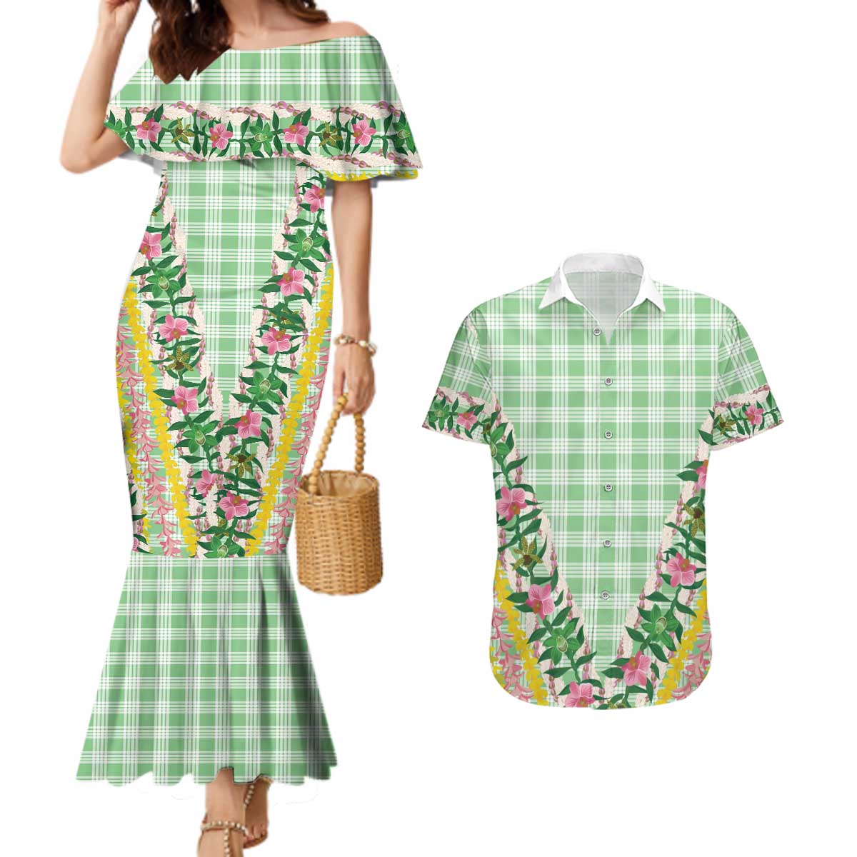 Hawaii Pikake Lokelani Plumeria Lei Couples Matching Mermaid Dress and Hawaiian Shirt Green Palaka Motifs