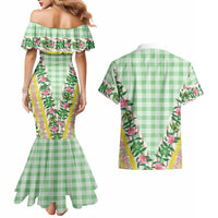 Hawaii Pikake Lokelani Plumeria Lei Couples Matching Mermaid Dress and Hawaiian Shirt Green Palaka Motifs LT05 - Polynesian Pride