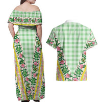 Hawaii Pikake Lokelani Plumeria Lei Couples Matching Off Shoulder Maxi Dress and Hawaiian Shirt Green Palaka Motifs LT05 - Polynesian Pride
