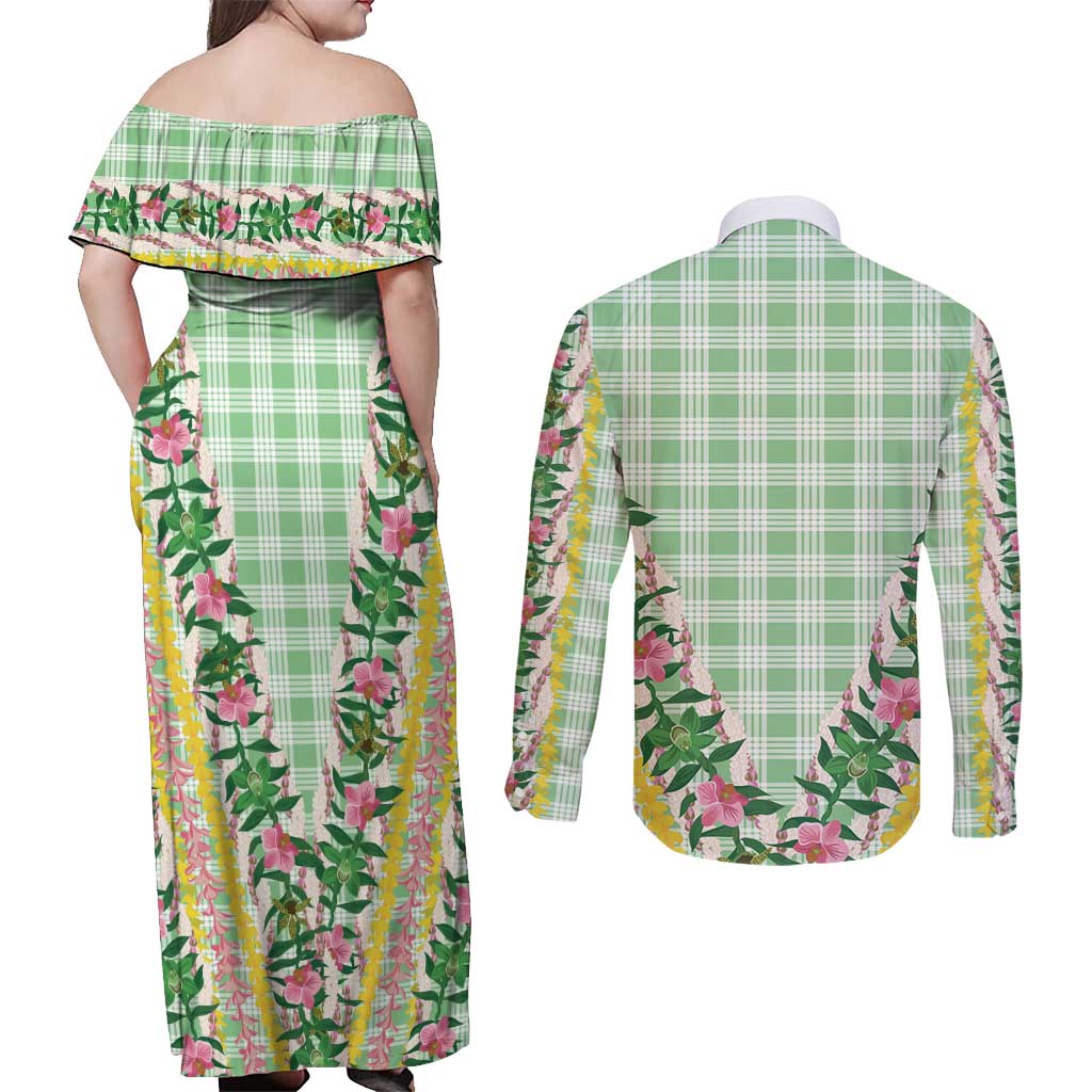 Hawaii Pikake Lokelani Plumeria Lei Couples Matching Off Shoulder Maxi Dress and Long Sleeve Button Shirt Green Palaka Motifs LT05 - Polynesian Pride