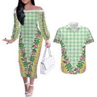 Hawaii Pikake Lokelani Plumeria Lei Couples Matching Off The Shoulder Long Sleeve Dress and Hawaiian Shirt Green Palaka Motifs LT05 Green - Polynesian Pride