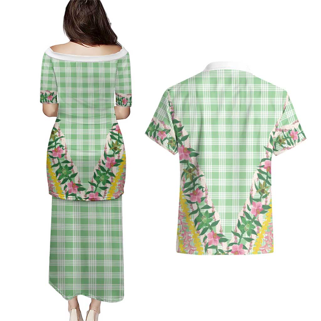 Hawaii Pikake Lokelani Plumeria Lei Couples Matching Puletasi and Hawaiian Shirt Green Palaka Motifs LT05 - Polynesian Pride