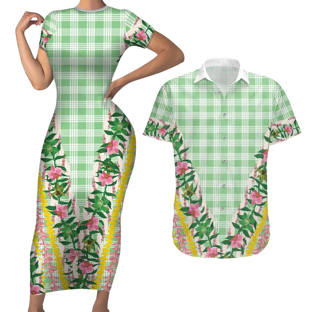 Hawaii Pikake Lokelani Plumeria Lei Couples Matching Short Sleeve Bodycon Dress and Hawaiian Shirt Green Palaka Motifs