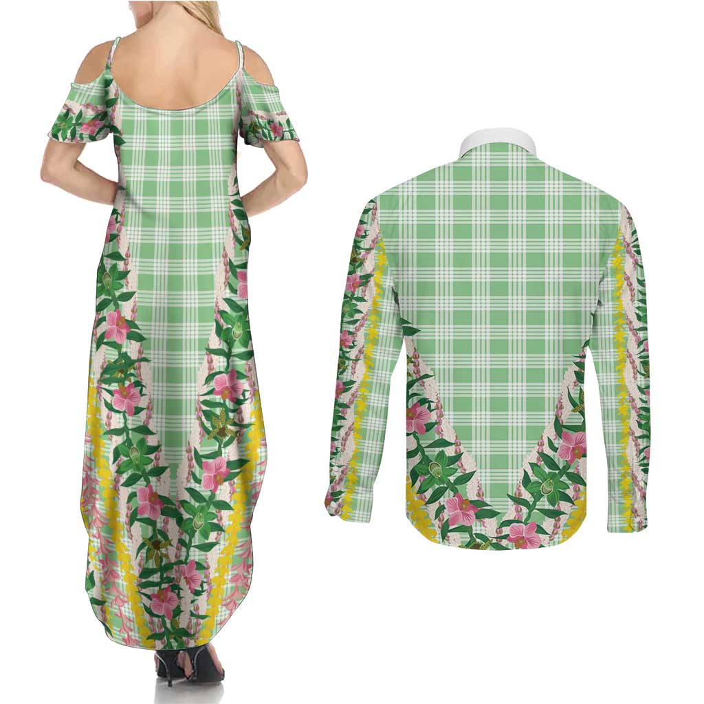 Hawaii Pikake Lokelani Plumeria Lei Couples Matching Summer Maxi Dress and Long Sleeve Button Shirt Green Palaka Motifs LT05 - Polynesian Pride