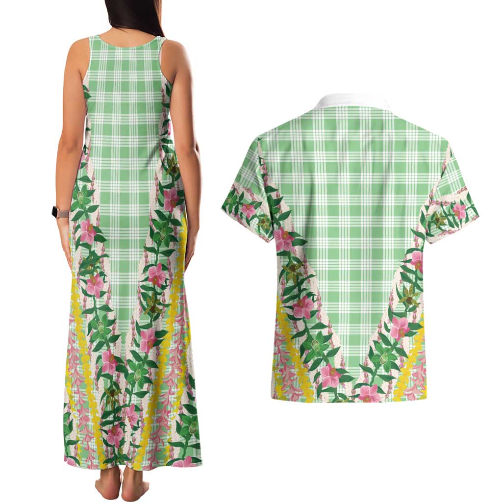 Hawaii Pikake Lokelani Plumeria Lei Couples Matching Tank Maxi Dress and Hawaiian Shirt Green Palaka Motifs LT05 - Polynesian Pride