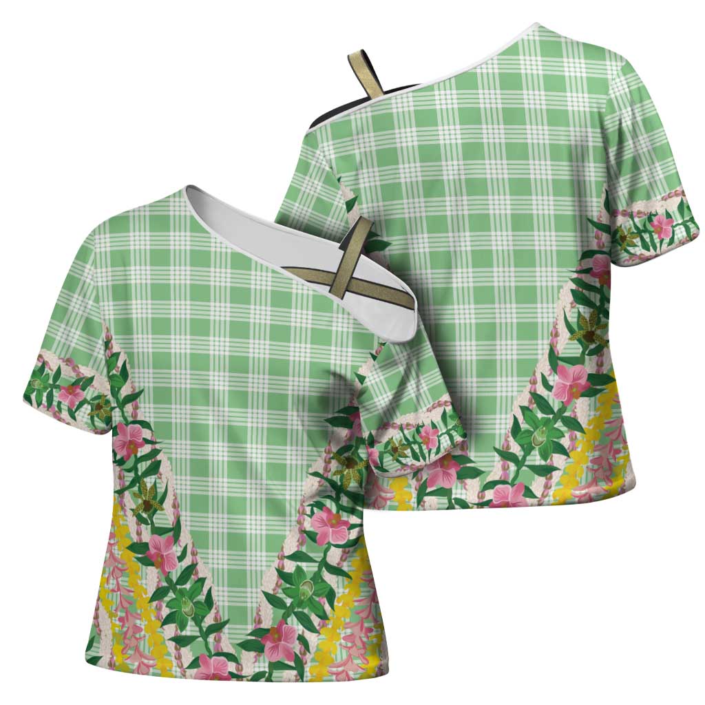 Hawaii Pikake Lokelani Plumeria Lei Cross Shoulder Shirt Green Palaka Motifs