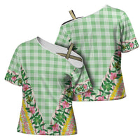 Hawaii Pikake Lokelani Plumeria Lei Cross Shoulder Shirt Green Palaka Motifs