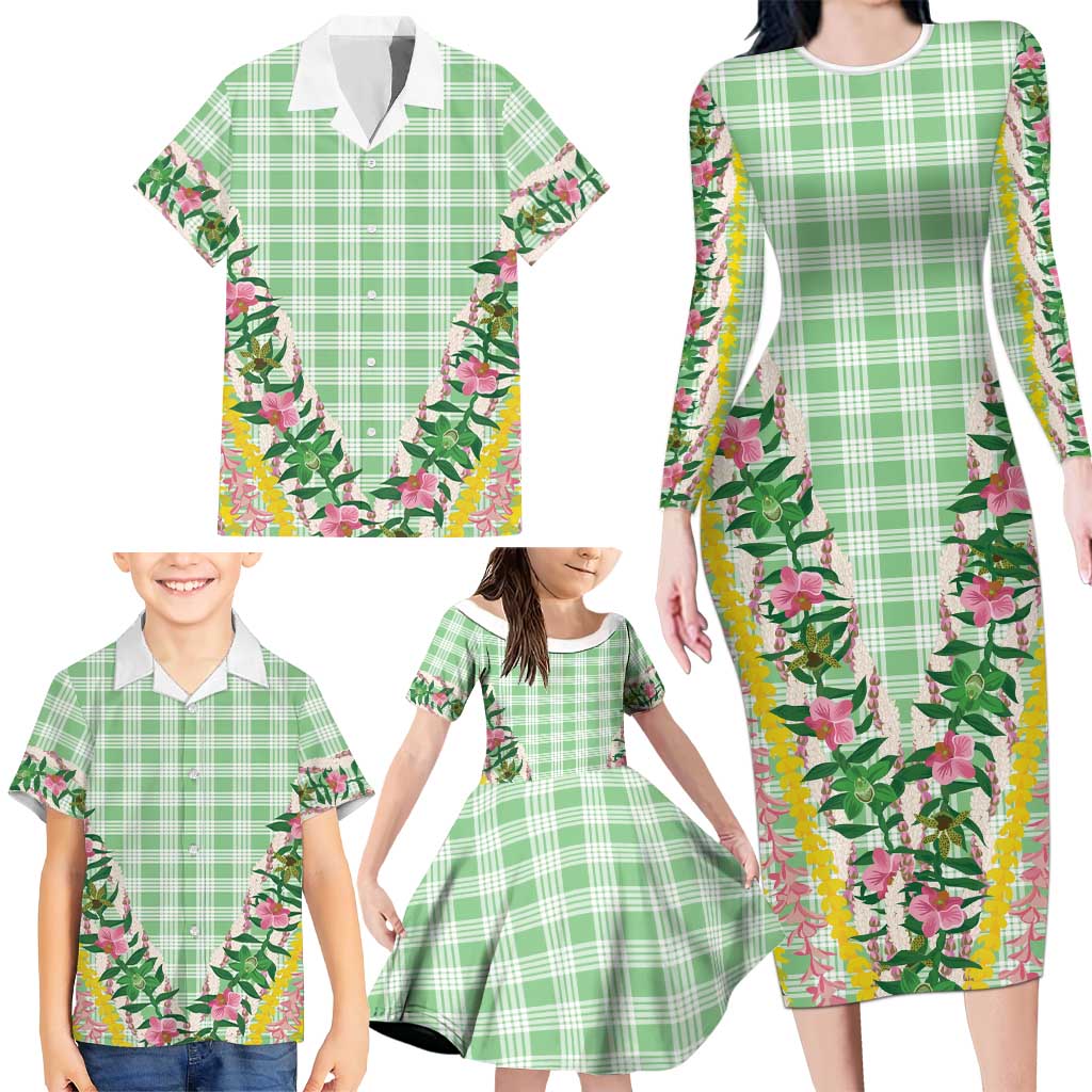 Hawaii Pikake Lokelani Plumeria Lei Family Matching Long Sleeve Bodycon Dress and Hawaiian Shirt Green Palaka Motifs LT05 - Polynesian Pride