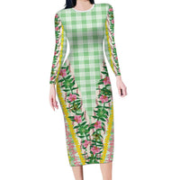 Hawaii Pikake Lokelani Plumeria Lei Family Matching Long Sleeve Bodycon Dress and Hawaiian Shirt Green Palaka Motifs LT05 Mom's Dress Green - Polynesian Pride