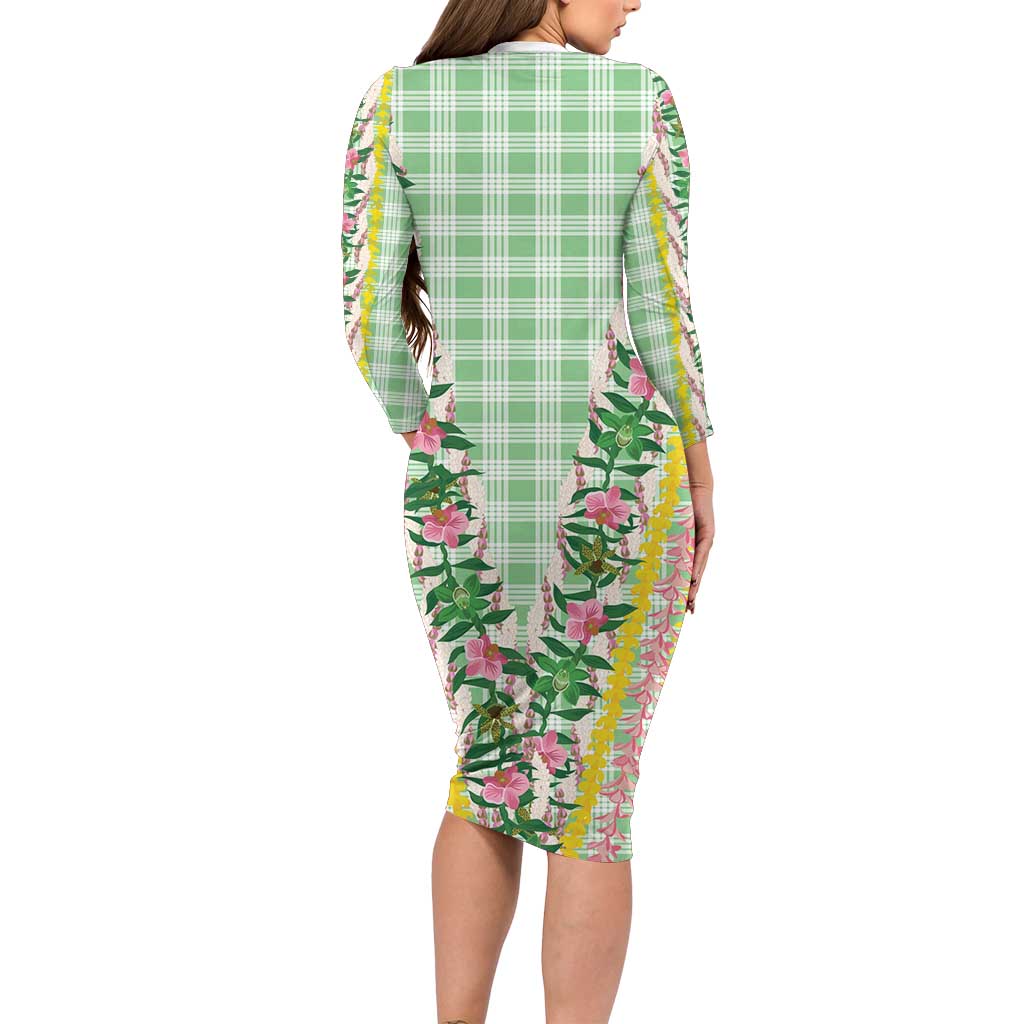 Hawaii Pikake Lokelani Plumeria Lei Family Matching Long Sleeve Bodycon Dress and Hawaiian Shirt Green Palaka Motifs LT05 - Polynesian Pride