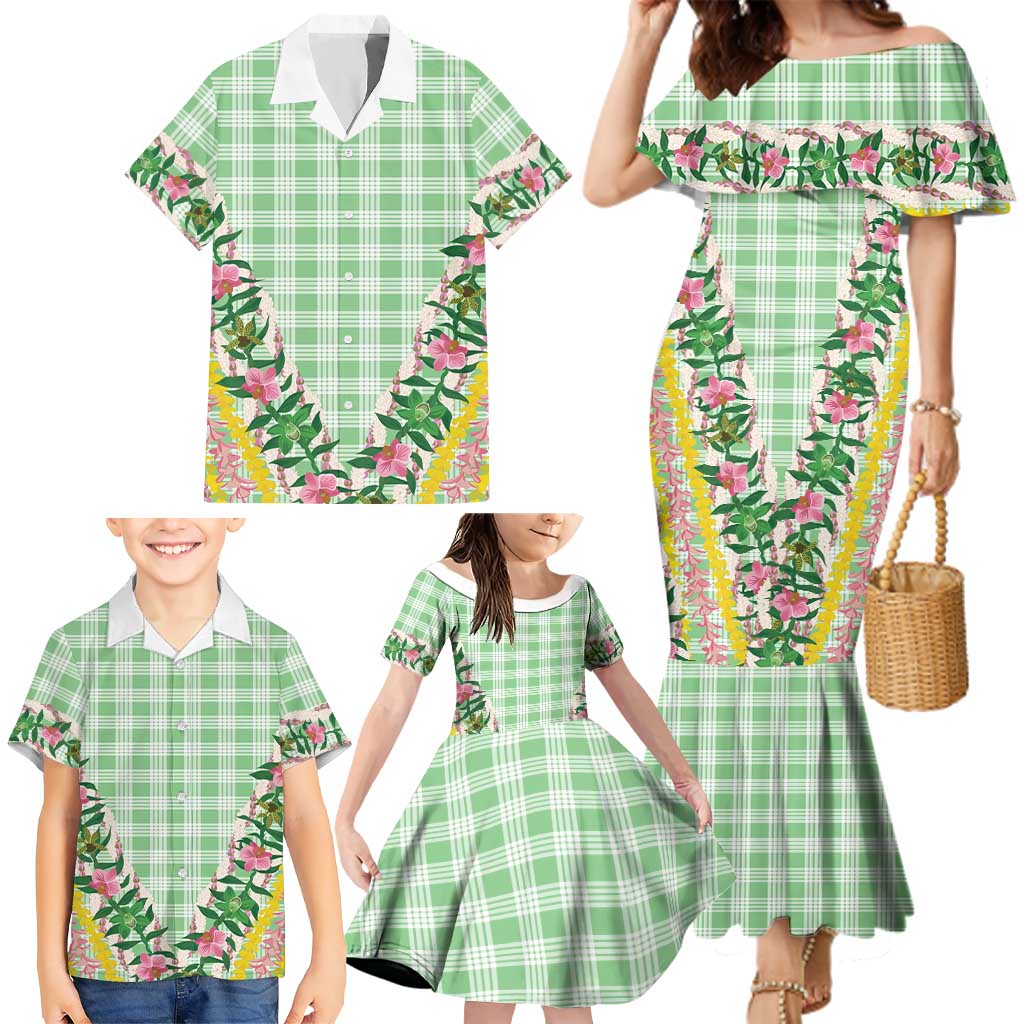 Hawaii Pikake Lokelani Plumeria Lei Family Matching Mermaid Dress and Hawaiian Shirt Green Palaka Motifs LT05 - Polynesian Pride