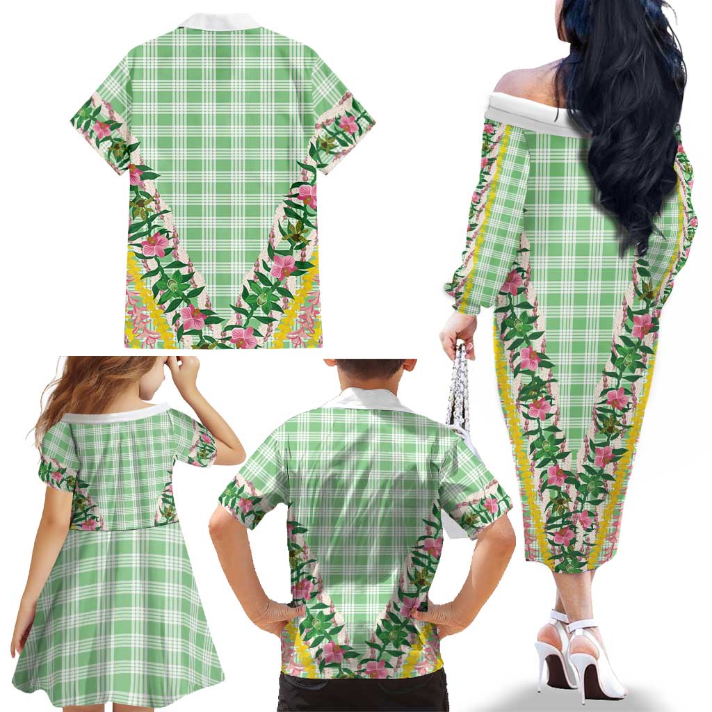 Hawaii Pikake Lokelani Plumeria Lei Family Matching Off The Shoulder Long Sleeve Dress and Hawaiian Shirt Green Palaka Motifs LT05 - Polynesian Pride