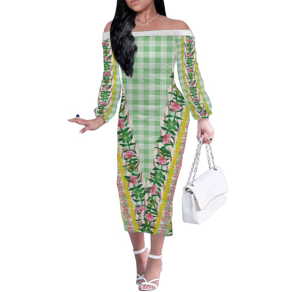 Hawaii Pikake Lokelani Plumeria Lei Family Matching Off The Shoulder Long Sleeve Dress and Hawaiian Shirt Green Palaka Motifs LT05 Mom's Dress Green - Polynesian Pride
