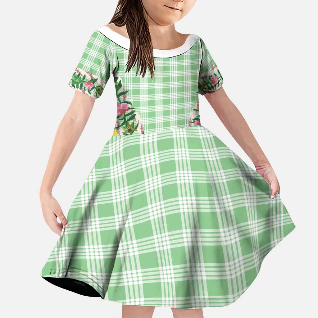 Hawaii Pikake Lokelani Plumeria Lei Family Matching Off Shoulder Maxi Dress and Hawaiian Shirt Green Palaka Motifs LT05 Daughter's Dress Green - Polynesian Pride