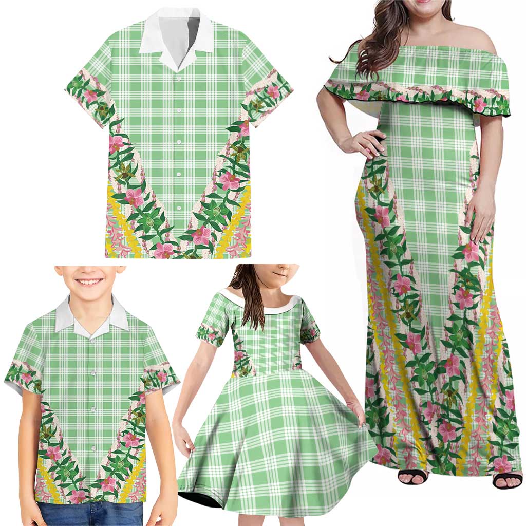 Hawaii Pikake Lokelani Plumeria Lei Family Matching Off Shoulder Maxi Dress and Hawaiian Shirt Green Palaka Motifs LT05 - Polynesian Pride