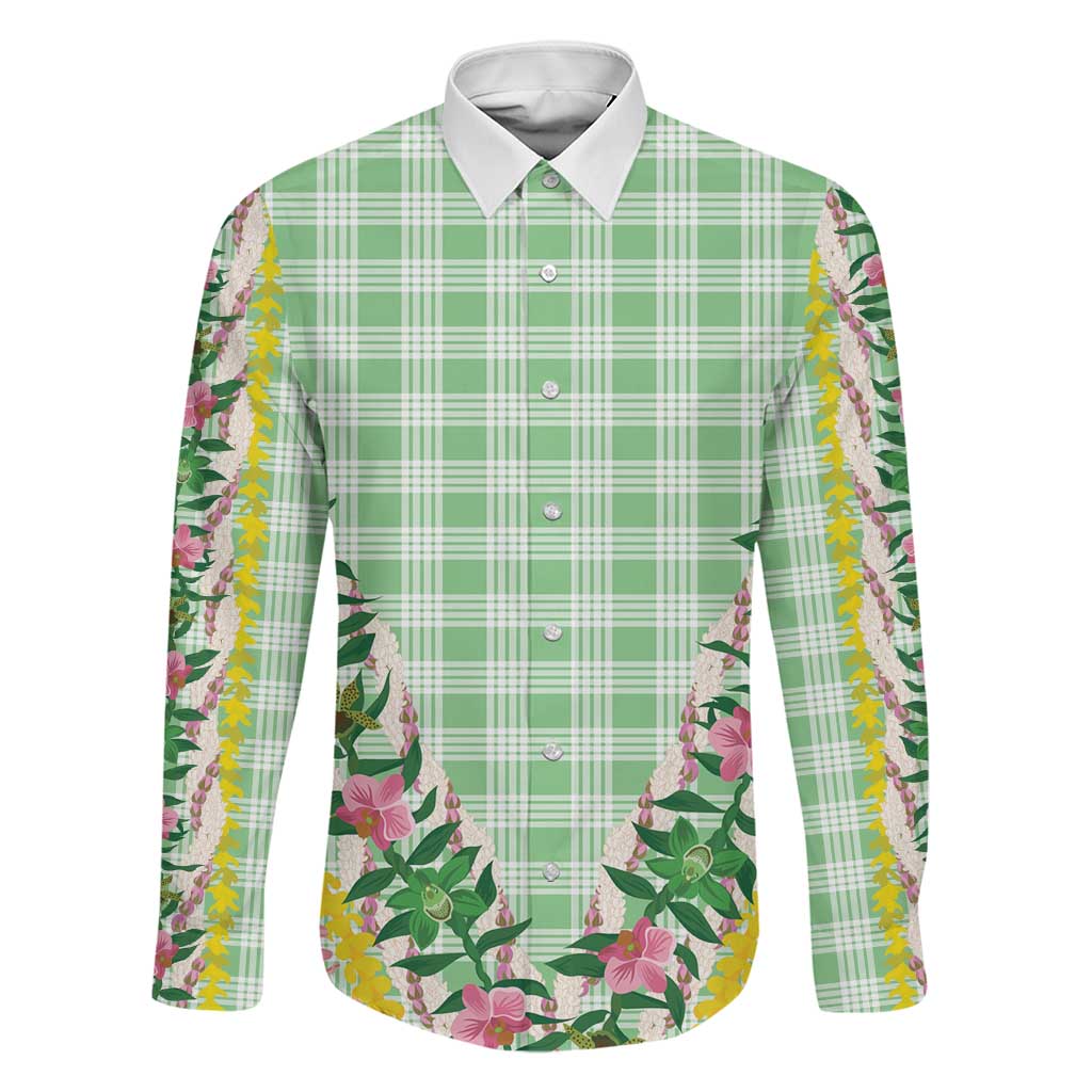 Hawaii Pikake Lokelani Plumeria Lei Family Matching Off Shoulder Maxi Dress and Hawaiian Shirt Green Palaka Motifs LT05 Dad's Shirt - Long Sleeve Green - Polynesian Pride