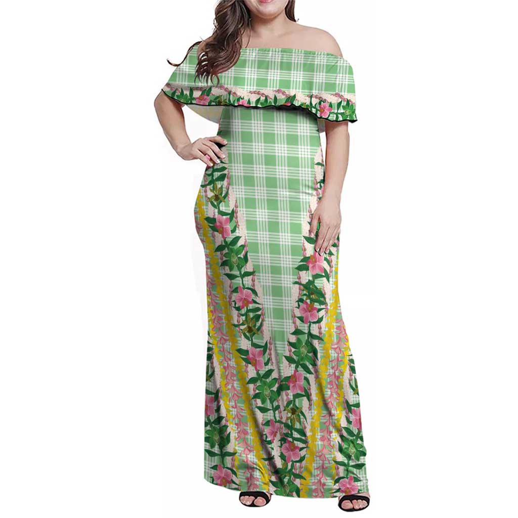 Hawaii Pikake Lokelani Plumeria Lei Family Matching Off Shoulder Maxi Dress and Hawaiian Shirt Green Palaka Motifs LT05 Mom's Dress Green - Polynesian Pride