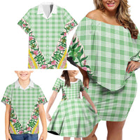 Hawaii Pikake Lokelani Plumeria Lei Family Matching Off Shoulder Short Dress and Hawaiian Shirt Green Palaka Motifs LT05 - Polynesian Pride
