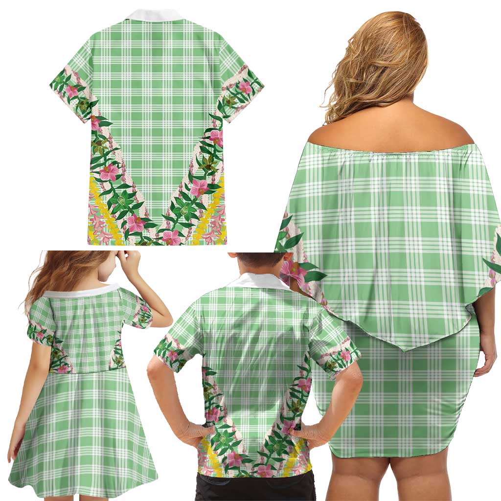 Hawaii Pikake Lokelani Plumeria Lei Family Matching Off Shoulder Short Dress and Hawaiian Shirt Green Palaka Motifs LT05 - Polynesian Pride