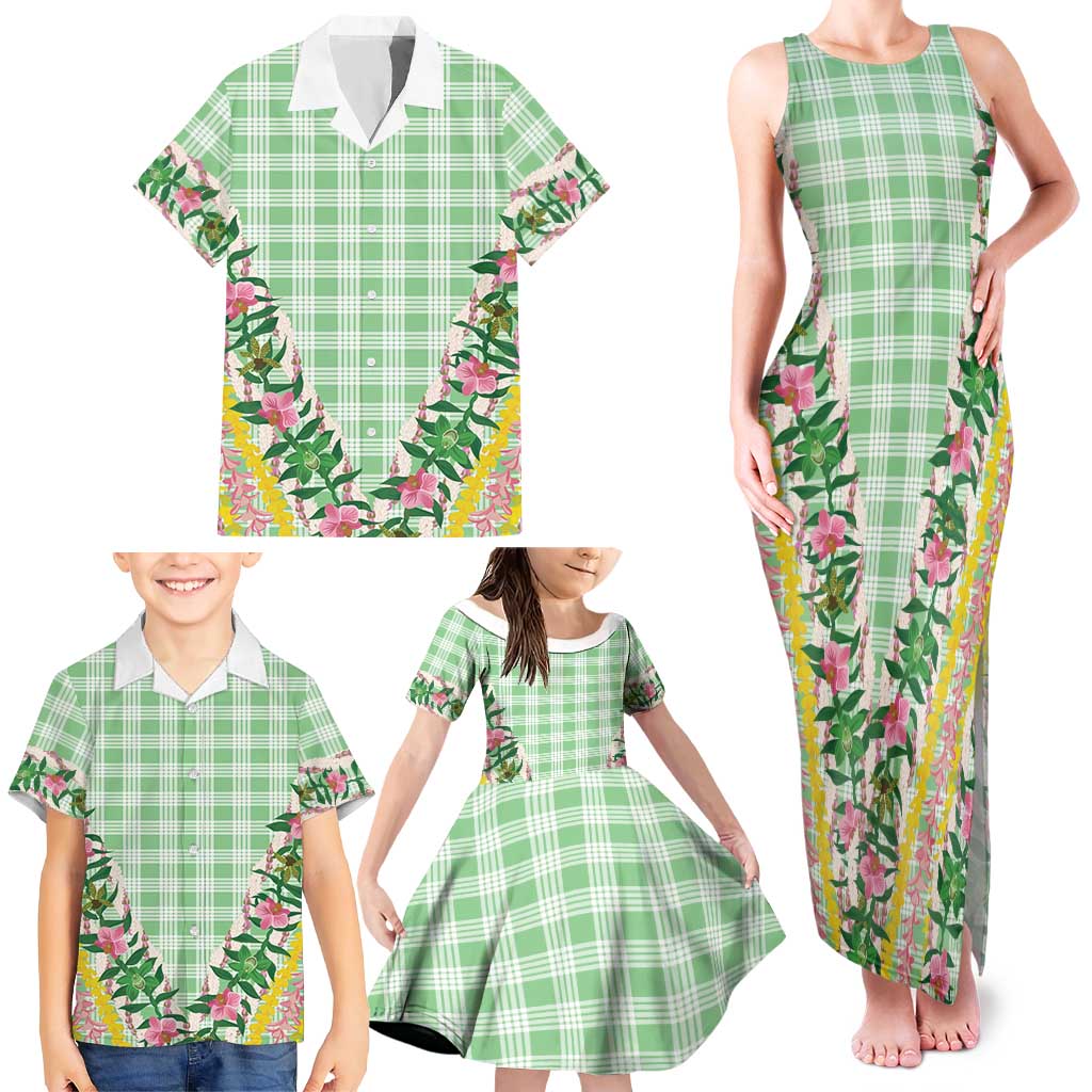 Hawaii Pikake Lokelani Plumeria Lei Family Matching Tank Maxi Dress and Hawaiian Shirt Green Palaka Motifs LT05 - Polynesian Pride