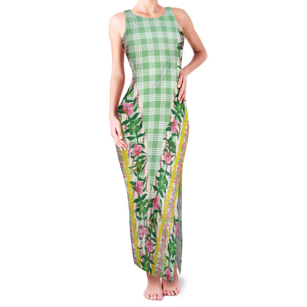 Hawaii Pikake Lokelani Plumeria Lei Family Matching Tank Maxi Dress and Hawaiian Shirt Green Palaka Motifs LT05 Mom's Dress Green - Polynesian Pride