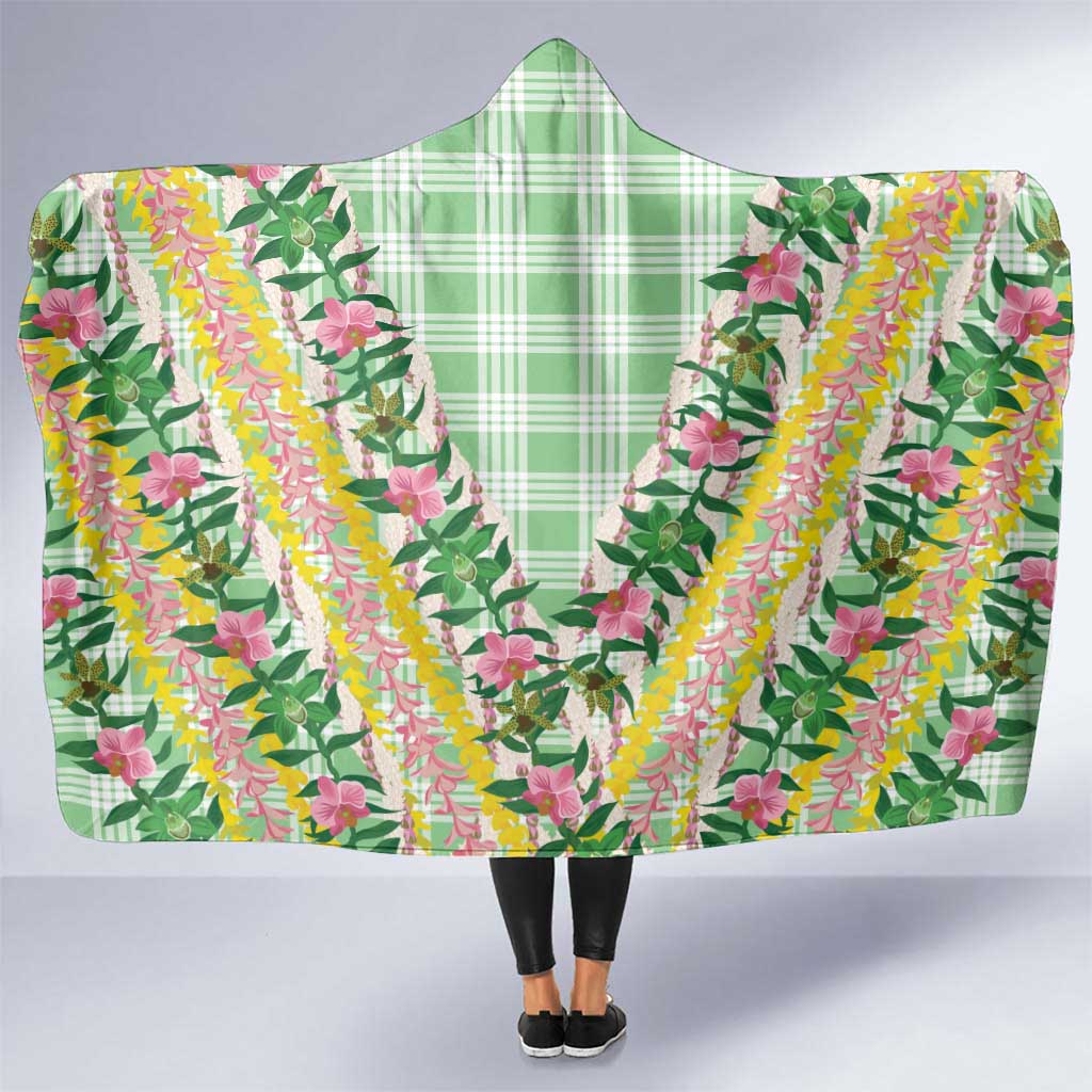 Hawaii Pikake Lokelani Plumeria Lei Hooded Blanket Green Palaka Motifs
