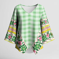 Hawaii Pikake Lokelani Plumeria Lei Kimono Sleeve Blouse Green Palaka Motifs
