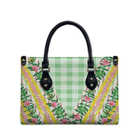 Hawaii Pikake Lokelani Plumeria Lei Leather Bag Green Palaka Motifs