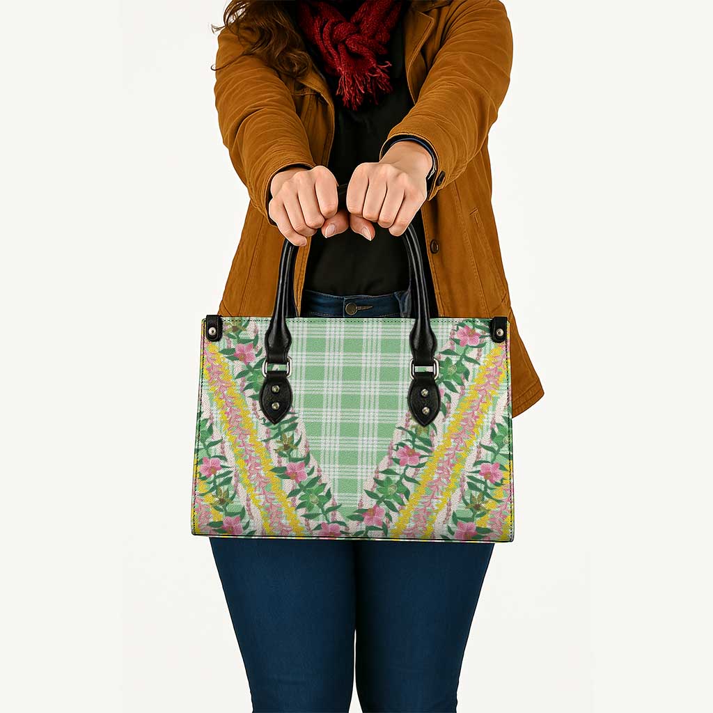 Hawaii Pikake Lokelani Plumeria Lei Leather Bag Green Palaka Motifs
