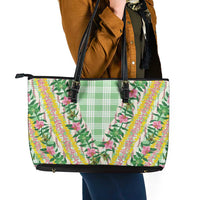 Hawaii Pikake Lokelani Plumeria Lei Leather Tote Bag Green Palaka Motifs