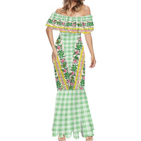 Hawaii Pikake Lokelani Plumeria Lei Mermaid Dress Green Palaka Motifs