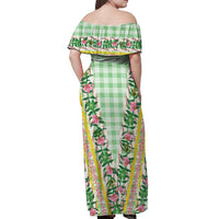 Hawaii Pikake Lokelani Plumeria Lei Off Shoulder Maxi Dress Green Palaka Motifs
