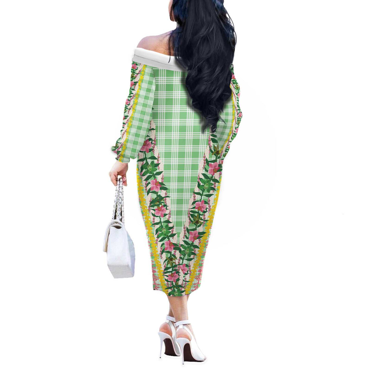 Hawaii Pikake Lokelani Plumeria Lei Off The Shoulder Long Sleeve Dress Green Palaka Motifs LT05 - Polynesian Pride