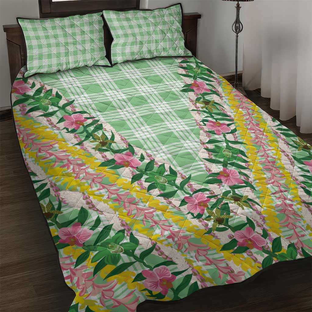 Hawaii Pikake Lokelani Plumeria Lei Quilt Bed Set Green Palaka Motifs