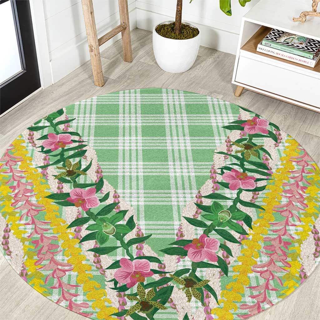 Hawaii Pikake Lokelani Plumeria Lei Round Carpet Green Palaka Motifs