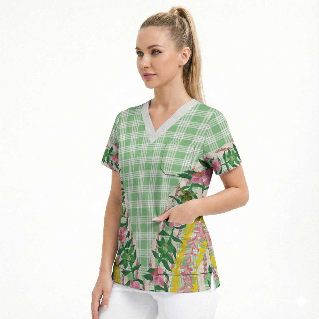 Hawaii Pikake Lokelani Plumeria Lei Scrub Top Green Palaka Motifs