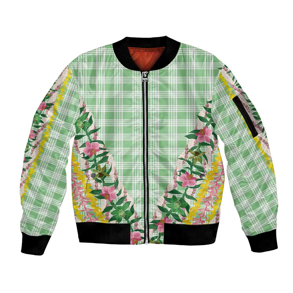 Hawaii Pikake Lokelani Plumeria Lei Sleeve Zip Bomber Jacket Green Palaka Motifs