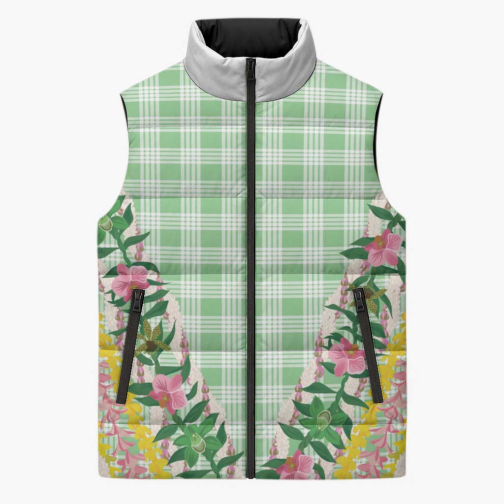 Hawaii Pikake Lokelani Plumeria Lei Sleeveless Puffer Jacket Green Palaka Motifs