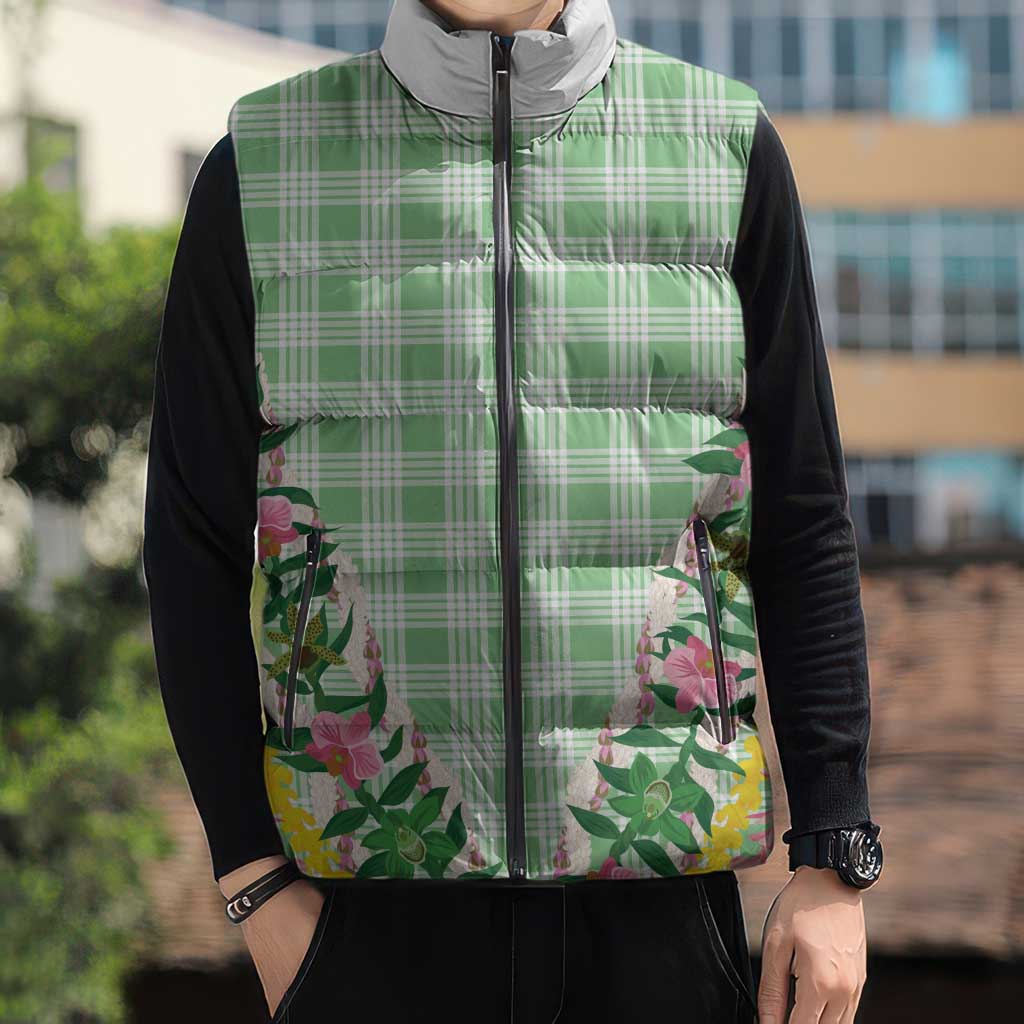 Hawaii Pikake Lokelani Plumeria Lei Sleeveless Puffer Jacket Green Palaka Motifs