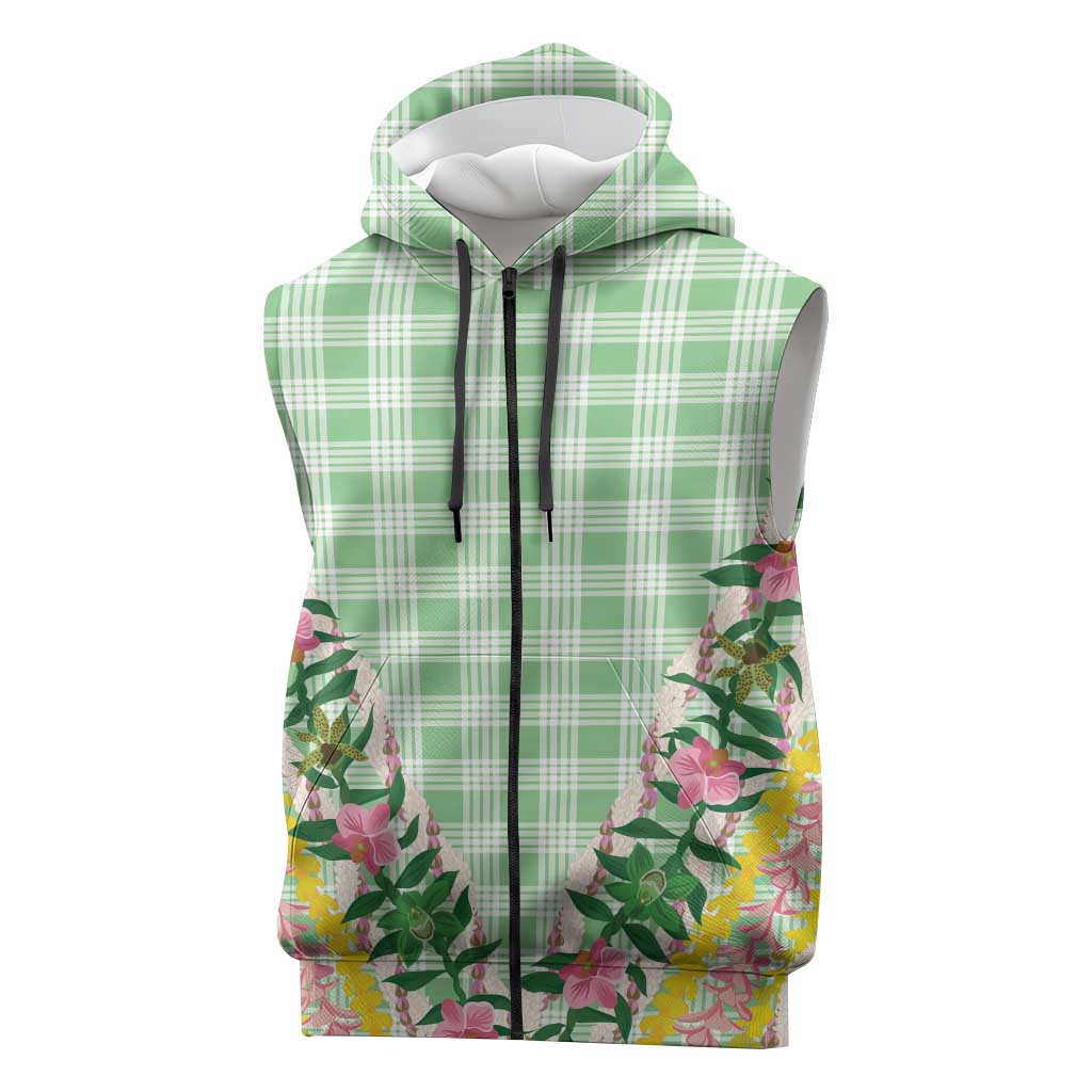 Hawaii Pikake Lokelani Plumeria Lei Sleeveless Zip Hoodie Green Palaka Motifs