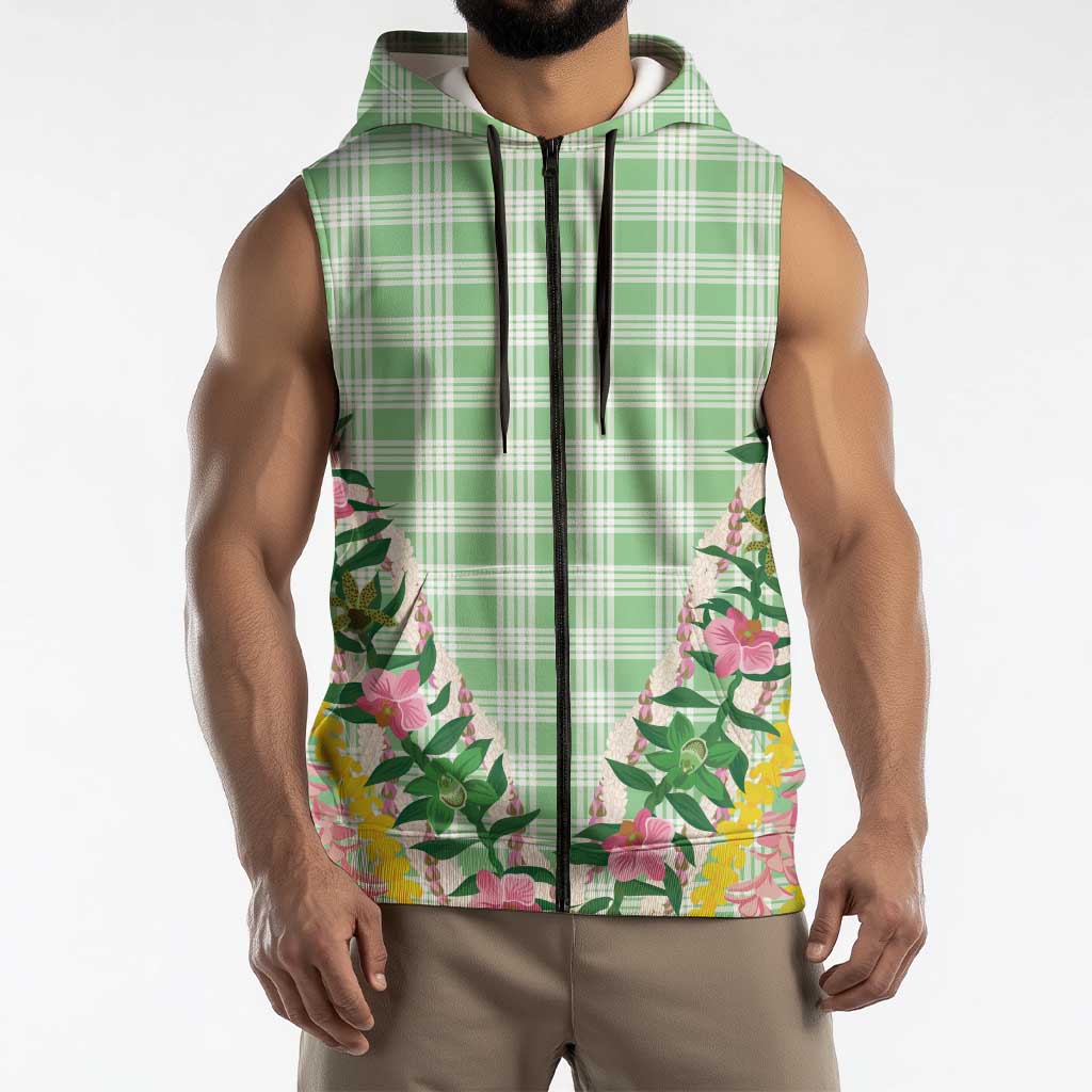 Hawaii Pikake Lokelani Plumeria Lei Sleeveless Zip Hoodie Green Palaka Motifs