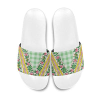 Hawaii Pikake Lokelani Plumeria Lei Slide Sandals Green Palaka Motifs