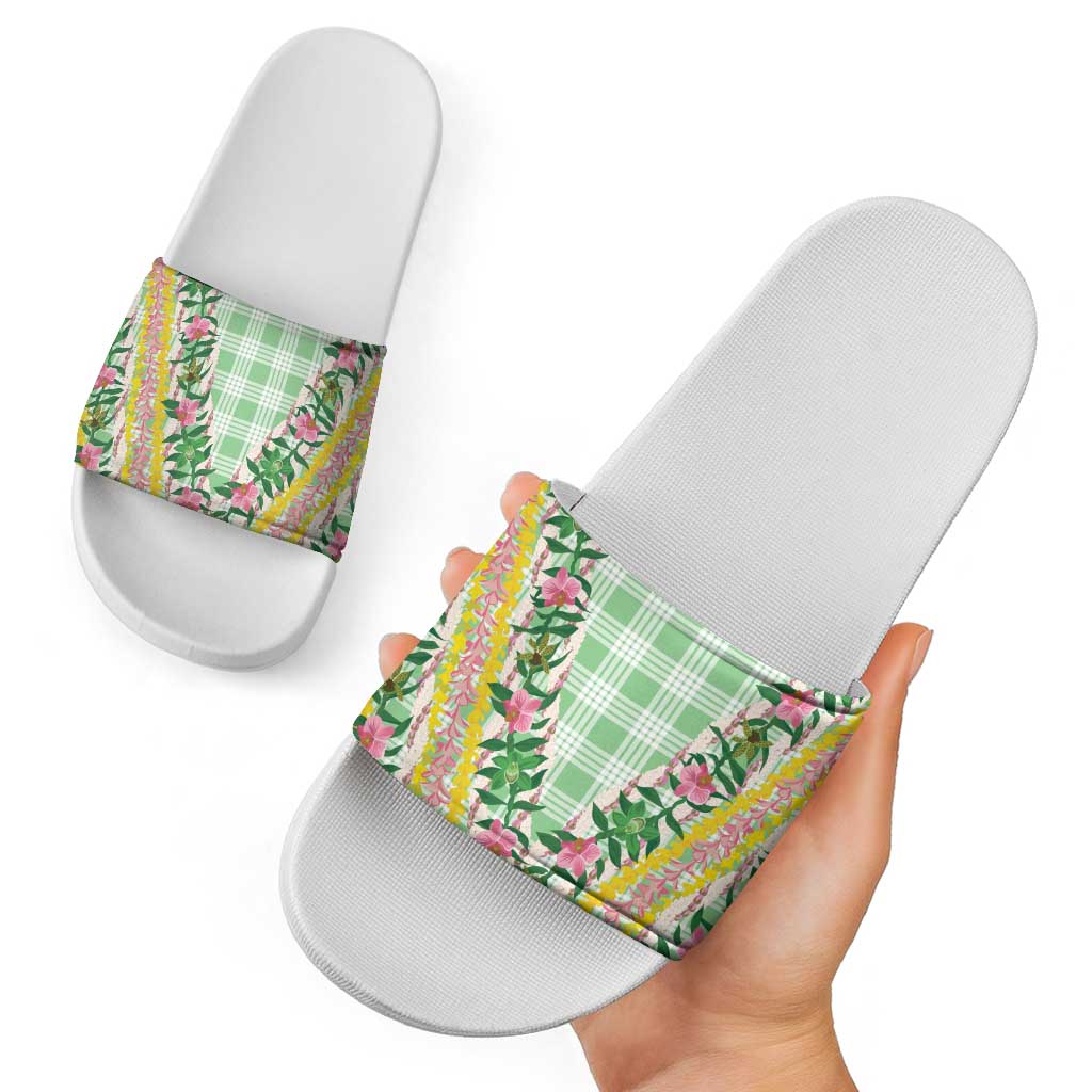 Hawaii Pikake Lokelani Plumeria Lei Slide Sandals Green Palaka Motifs
