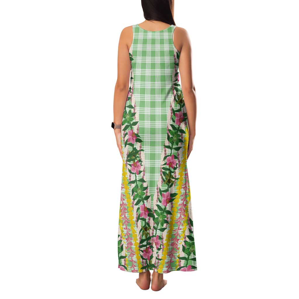 Hawaii Pikake Lokelani Plumeria Lei Tank Maxi Dress Green Palaka Motifs