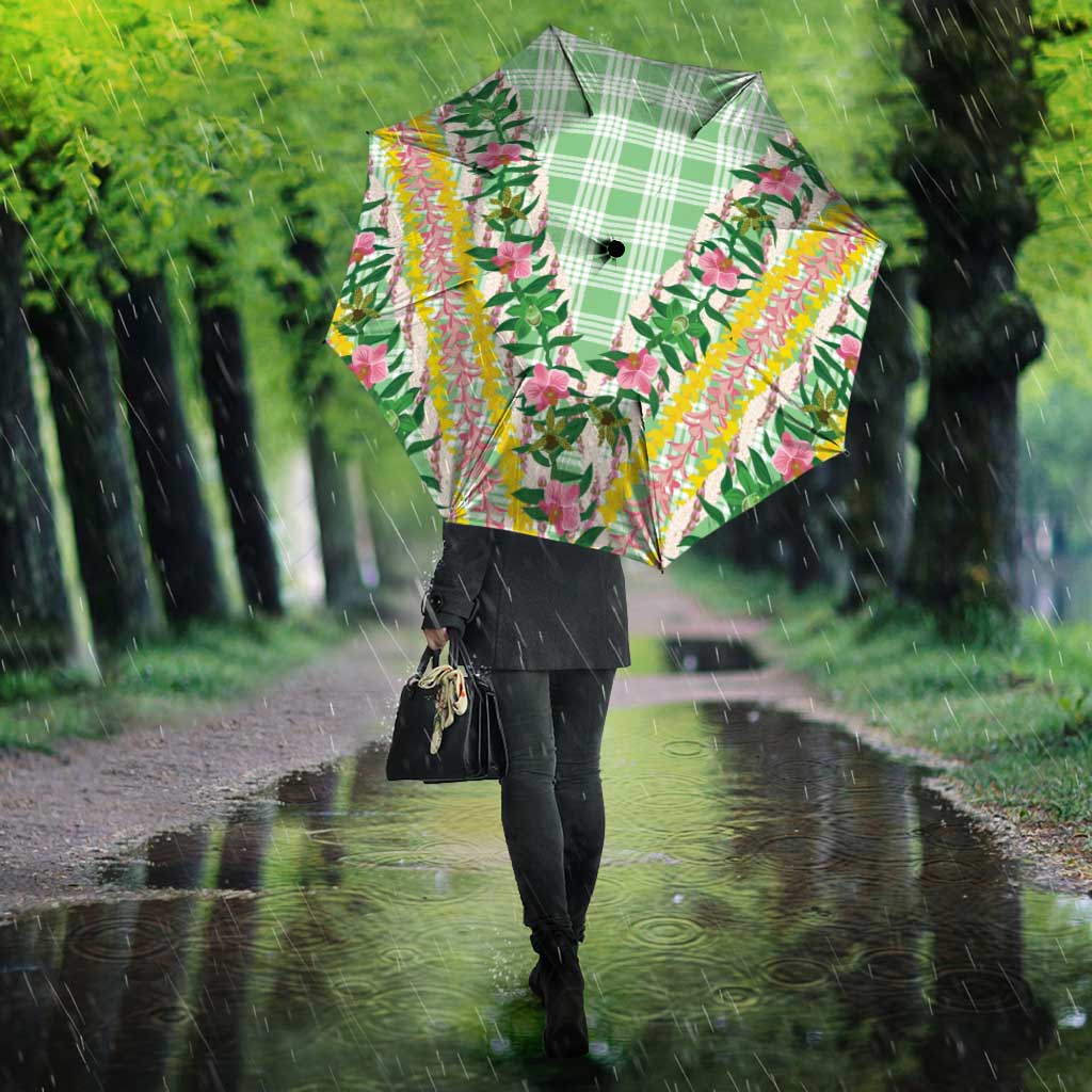 Hawaii Pikake Lokelani Plumeria Lei Umbrella Green Palaka Motifs