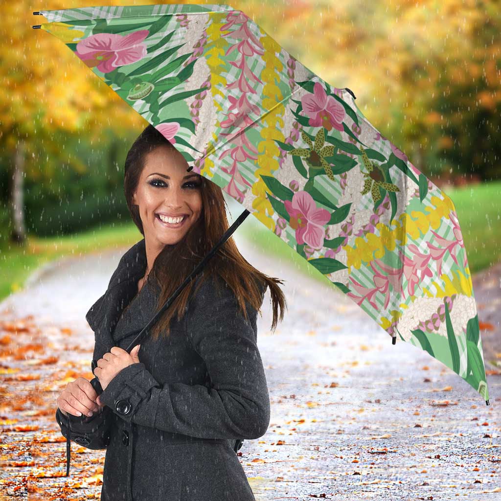 Hawaii Pikake Lokelani Plumeria Lei Umbrella Green Palaka Motifs
