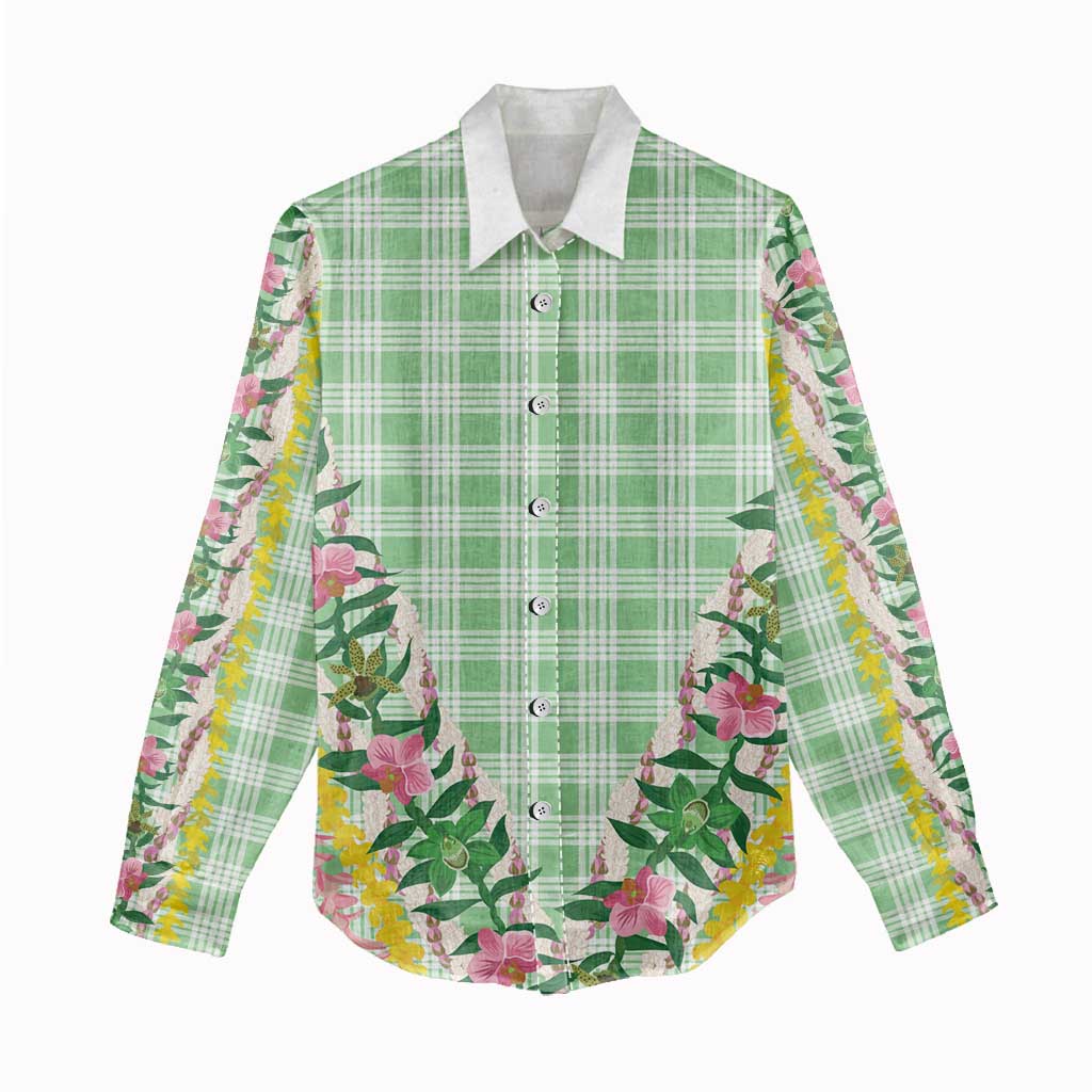 Hawaii Pikake Lokelani Plumeria Lei Women Casual Shirt Green Palaka Motifs LT05 - Polynesian Pride